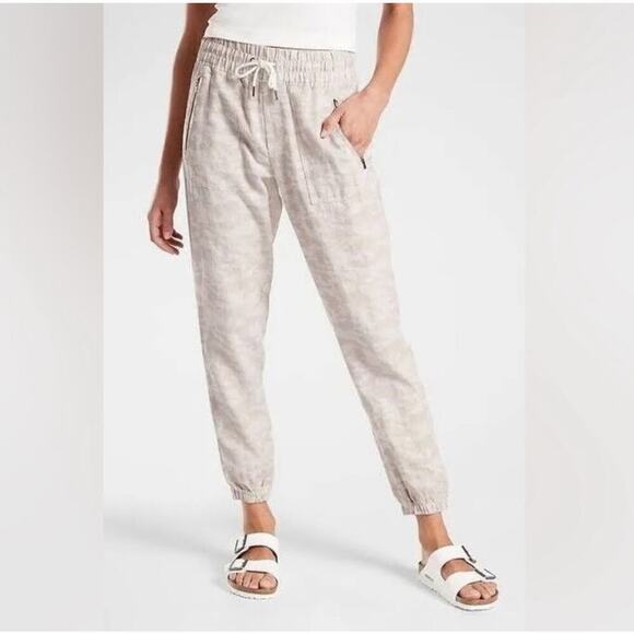 Athleta Cabo Tide Linen Jogger Pants Women’s 12 Natural Tan Lightweight Summer - Picture 1 of 10